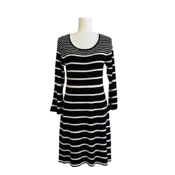 C Est 1946 Black White Stripe Scoop Neck Long Sleeve Sweater Dress Medium NEW - Picture 1 of 12